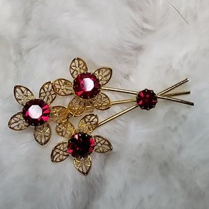 *Vintage* Goldtone & Garnet Flower Bouquet Brooch Pin